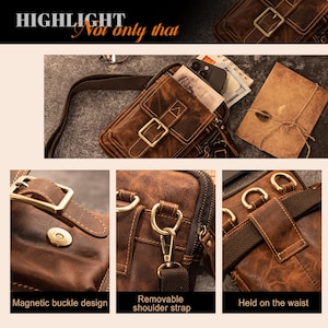 May include: A brown leather crossbody bag with a magnetic buckle, removable shoulder strap, and gold-colored hardware. The bag has a rectangular shape and is designed to be held on the waist. The text "HIGHLIGHT Not only that" is visible.