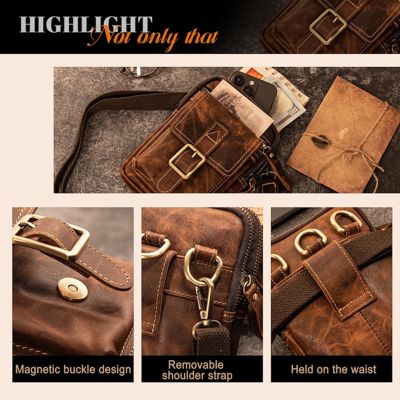 May include: A brown leather crossbody bag with a magnetic buckle, removable shoulder strap, and gold-colored hardware. The bag has a rectangular shape and is designed to be held on the waist. The text "HIGHLIGHT Not only that" is visible.