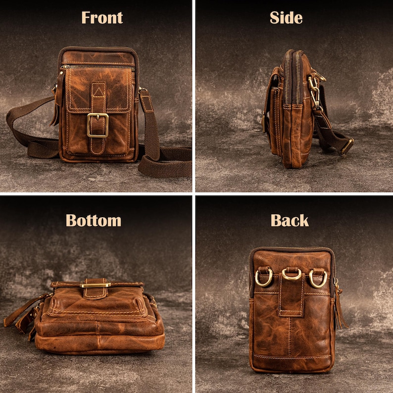 May include: A brown leather crossbody bag with a distressed finish. The bag features a front flap with a buckle closure, a side zipper, and an adjustable shoulder strap. The bag has multiple compartments and metal hardware.
