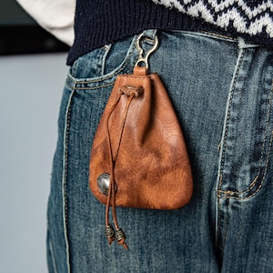 Genuine Leather Drawstring Bag, Vintage Coin Purse & Key Pouch