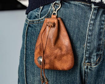 Genuine Leather Drawstring Bag, Vintage Coin Purse & Key Pouch