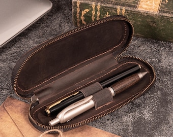 Vintage Leather Pen Case, Handmade Distressed Cowhide, Zippered