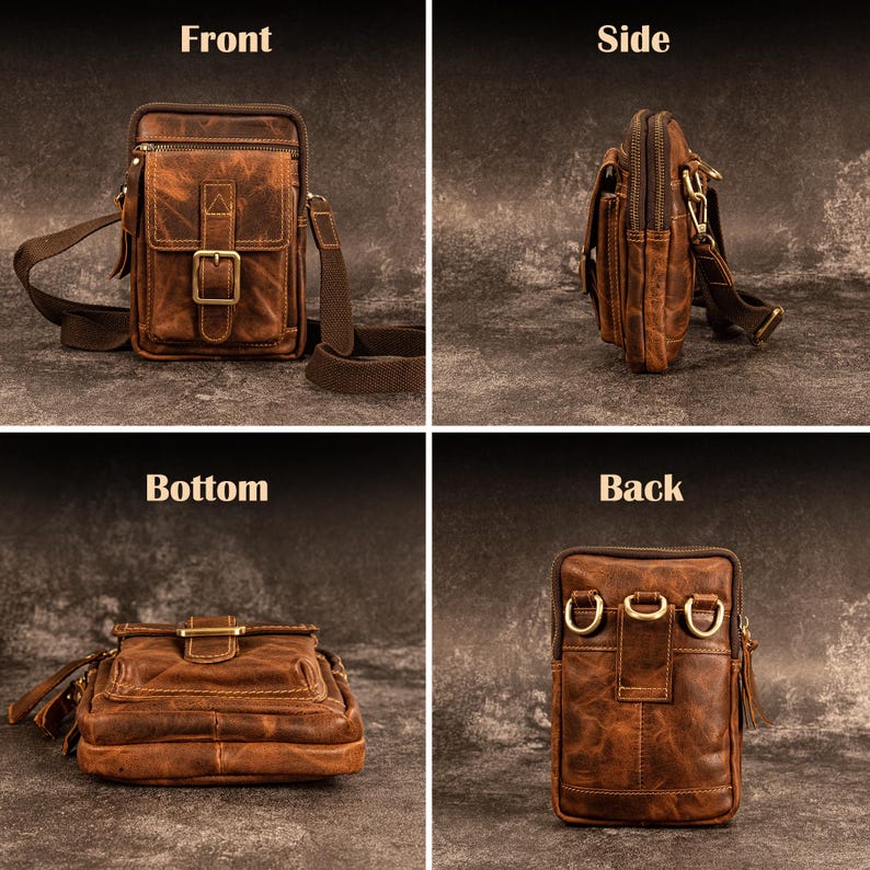 May include: A brown leather crossbody bag with a distressed finish. The bag features a front flap with a buckle closure, a side zipper, and an adjustable shoulder strap. The bag has multiple compartments and metal hardware.