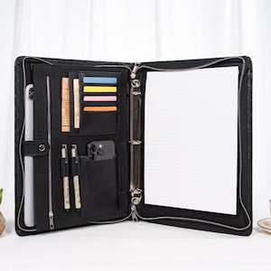 Personalized Black Vegan Leather Portfolio, Women’s A4 Organizer, 3 Ring Binder, Eco-Friendly Padfolio GiftOffice Accessory for her