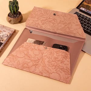 Personalized Leather iPad Case, Leather Laptop Sleeve, Pink Flower Leather iPad Cover for iPad 10.2/10.9/12.9 inch, iPad Mini Case