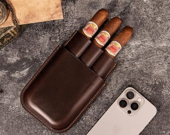 Genuine Leather 3-Cigar Travel Case, Red Brown Portable Humidor, Slim Cigar Holder, Personalized Engraving
