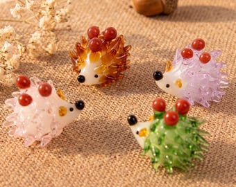 Handmade Glass Hedgehog Figurine, Mini Blown Glass Ornament, Cute Desk Decor, Colorful Animal Gift for Home Office
