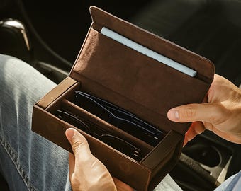 持ち運び可能なクレイジーホースレザー製2スロットサングラスケース、手作りのマグネット式開閉メガネホルダー、旅行の必需品、理想的なギフト