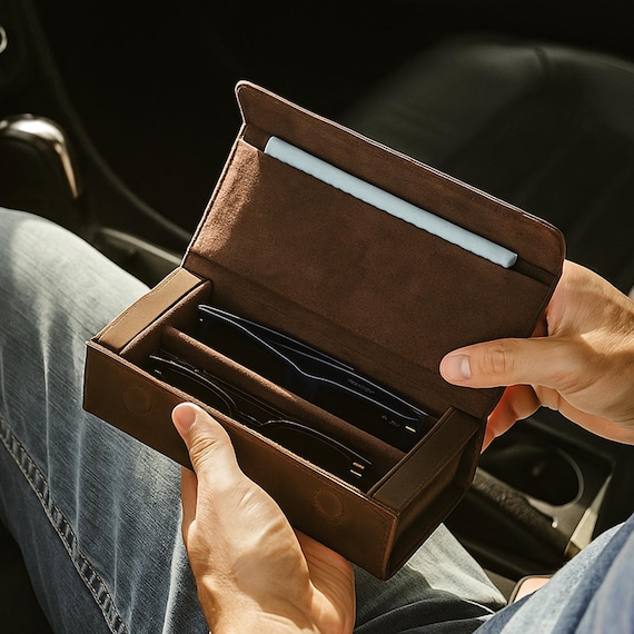 Portable Crazy Horse Leather 2-Slot Sunglasses Case, Handcrafted Magnetic Closure Eyeglass Holder, Travel Essentials, Ideal Gift