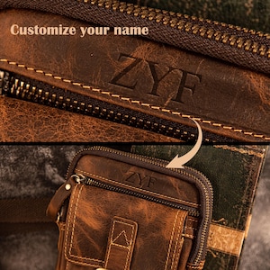 May include: Close-up of a brown leather bag with a zipper and the initials "ZYF" embossed on the front. The text "Customize your name" is above the initials. The bag has a distressed, textured appearance.