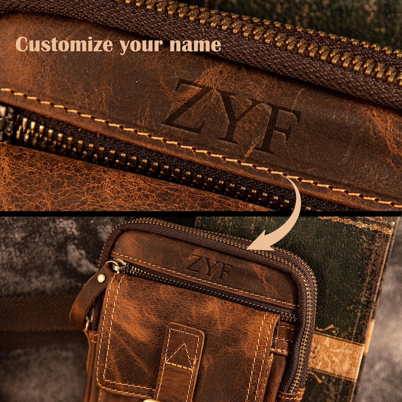May include: Close-up of a brown leather bag with a zipper and the initials "ZYF" embossed on the front. The text "Customize your name" is above the initials. The bag has a distressed, textured appearance.