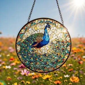 Puede incluir: Adorno de ventana redondo de cristal manchado con un pavo real. El pavo real está representado en tonos azules, verdes y dorados, con las plumas de la cola extendidas. El fondo es un mosaico de vidrio amarillo y blanco, colgado de una cadena.