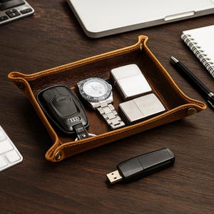 Handcrafted Genuine Leather Tray, Square Box, Office Desktop Storage, Name Engraved Key Organizer