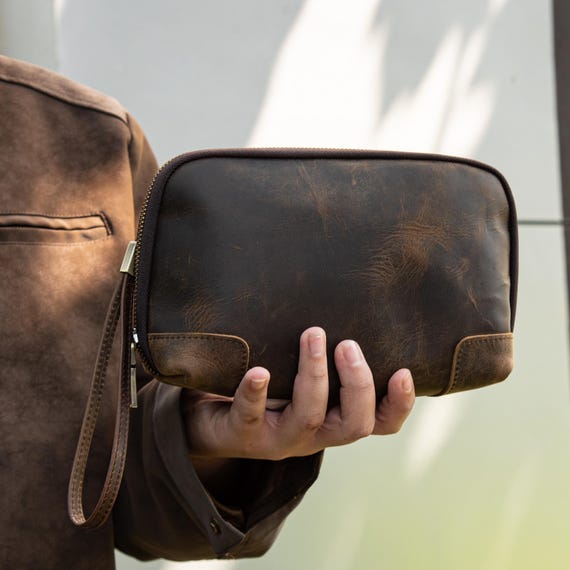 Genuine Leather Handbag,Crazy House Leather,Leather Wristlet Bag,Zippered Clutch Bag, Phone Wallet Bag, Vintage Bags,Phone Bag,Gift for Him