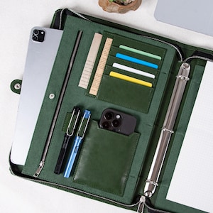 Personalized Green Vegan Leather Portfolio, Women’s A4 Organizer, 3 Ring Binder, Eco-Friendly Padfolio GiftOffice Accessory for her