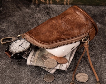 Genuine Leather Zipper Key Pouch – Handmade Coin Purse, Small Card Holder, Retro Key Bag for Men & Women