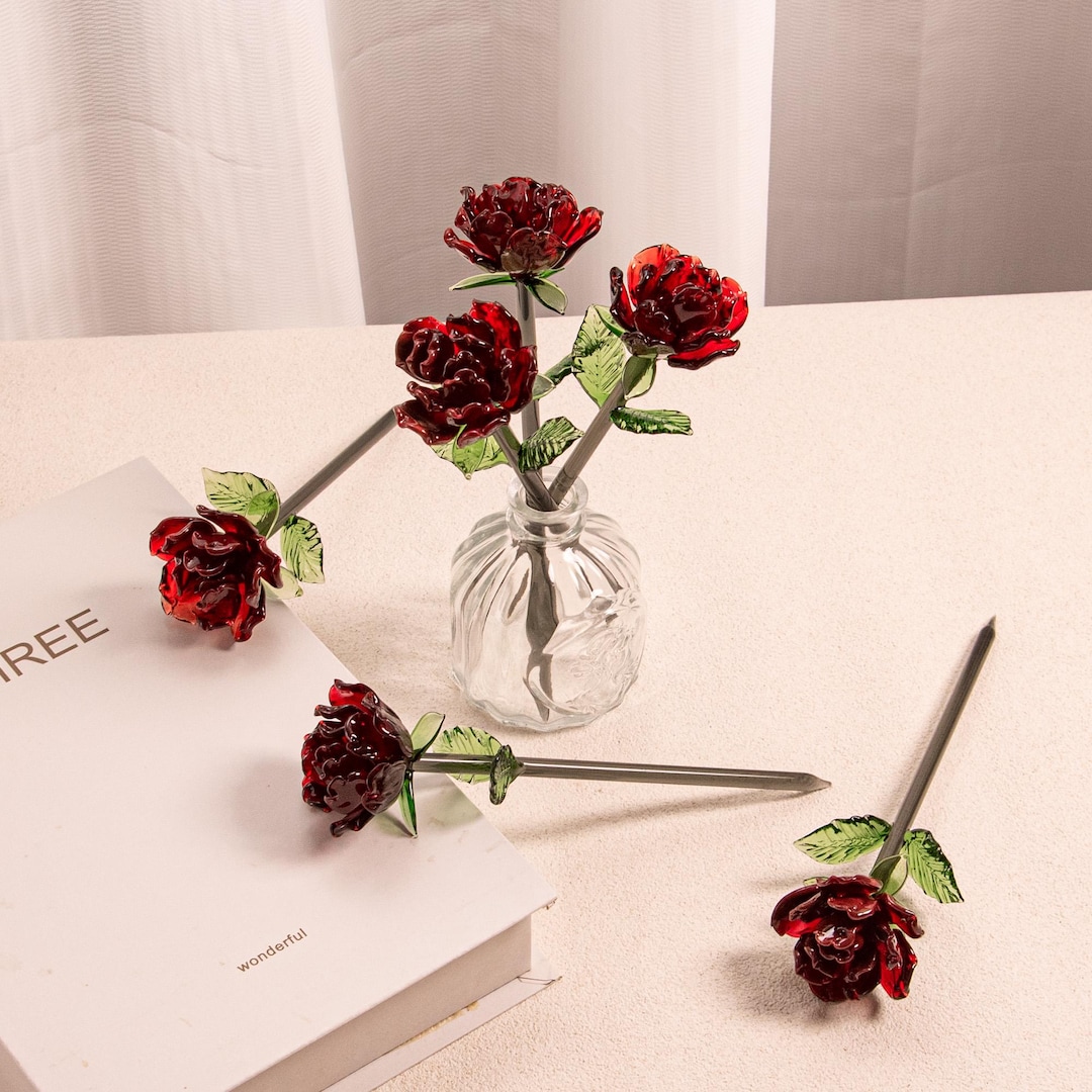 Handcrafted Glass Rose, Crystal Red Flower Figurine, Handmade Glass Art ...