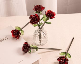 Handcrafted Glass Rose, Crystal Red Flower Figurine, Handmade Glass Art, Home Decor, Timeless Gift for Lover, Present for Her