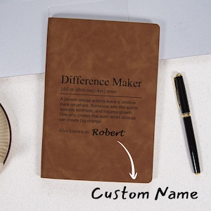Difference Maker: Vegan Leather Personalized Journal, Custom Gift for Mentor and Leader, Perfect Gift Idea, A5 Brown Notebook with 100 Pages
