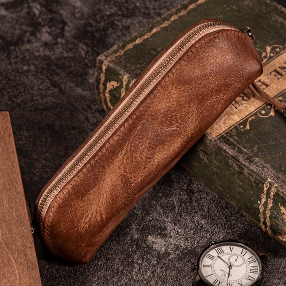 Genuine Leather Pencil Case – Handmade Pen Pouch, Glasses Bag, Travel Makeup Brush Holder, Multi-purpose Cosmetic Pouch for Men & Women