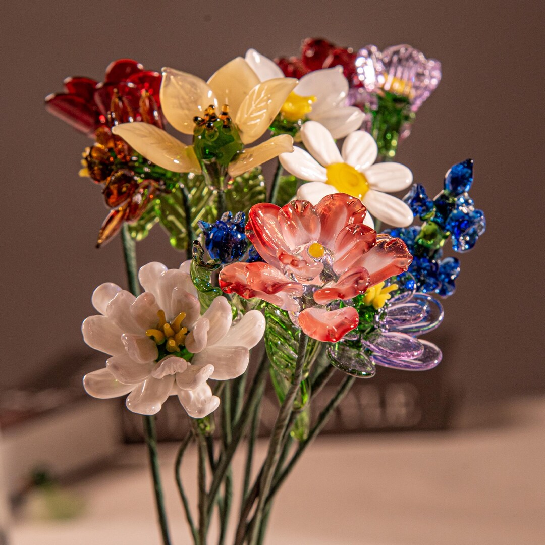 Glass Birth Flowers With Stem, Glass Flower-poppy, Carnation, Rose ...