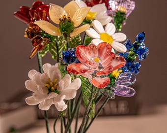 Glass Birth Flowers with Stem, Glass Flower-Poppy, Carnation, Rose, Purple Iris, Glass Sculpture, Personalized Birthday Gift