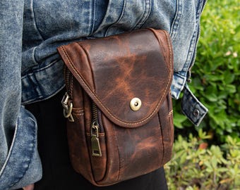 Personalized Leather Single Bag,Crazy Horse Belt Pouch,Chest Bag,Waist Belt Bag,Chest Bag,Phone Bag,Shoulder Bag,Waist Purse Gift for Men
