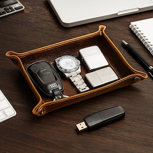 Bandeja de cuero genuino hecha a mano, almacenamiento de escritorio de oficina personalizado, caja cuadrada, organizador de llaves