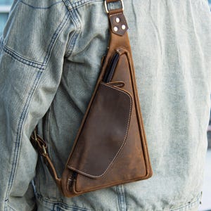 Vintage Cowhide Crossbody Chest Bag for Men Vintage Genuine Cowhide Crossbody Chest Bag, Custom Engraved, Retro Shoulder Bag, Gift for Him