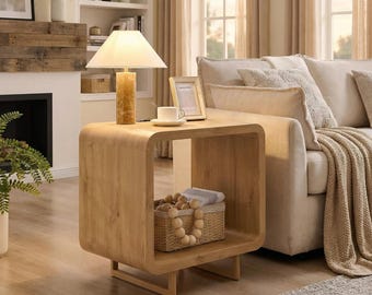 Modern 2-Tier End Table with Charging Station – Natural Oak Nightstand Storage Shelf