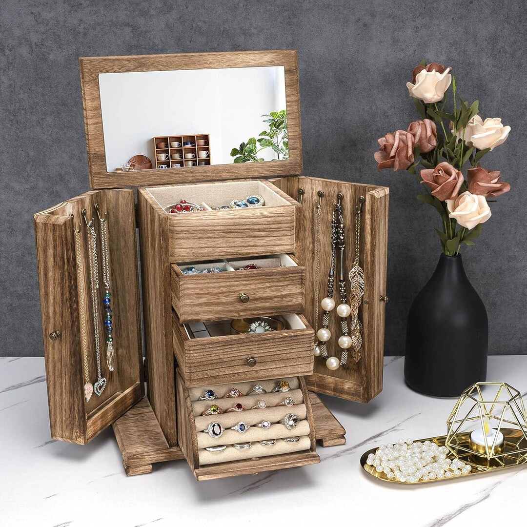 Rustic Brown Wooden Jewelry Box With Mirror: 4-layer Farmhouse ...