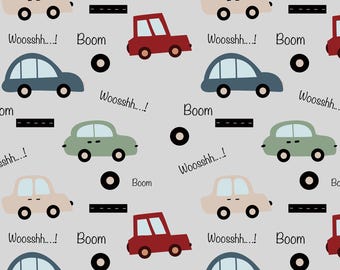May include: A seamless pattern featuring colorful cars and the words "Woosshh...!", "Boom", and "Woosshh" repeated throughout. The cars are in shades of blue, green, red, and beige. The background is a light gray.