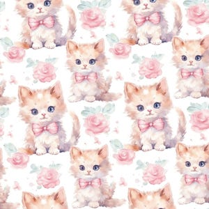 Kitten Fabric, Watercolor Kitten and Rose Fabric, 100% Cotton Fabric, Sold By The Half Yard Yard (Continuous Cut)