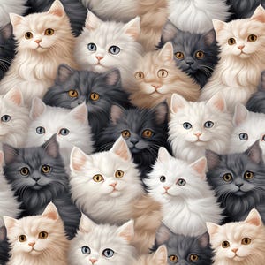 May include: A repeating pattern of fluffy long-haired cats in shades of white, cream, gray, and black. Each cat features pointed ears, whiskers, and expressive eyes, creating a dense, layered composition of feline faces covering the entire frame.