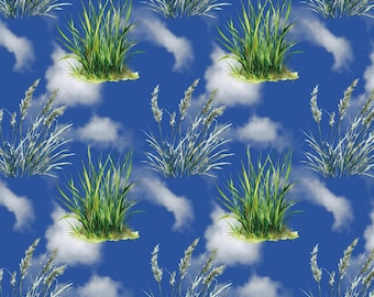 Nature Grass Sky Fabric, Green grass cloud Fabric, 100% Cotton Fabric, Sold By The 1/2 Yard (Continuous Cut)