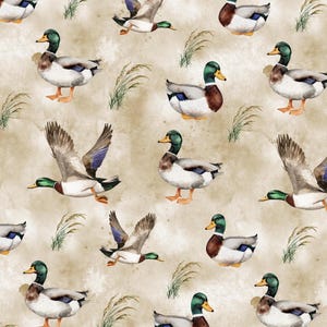 May include: Watercolor pattern featuring multiple ducks in various poses, including flying and standing. The ducks have green heads, brown bodies, and white and gray wings. The background is a mottled beige with sprigs of grass.