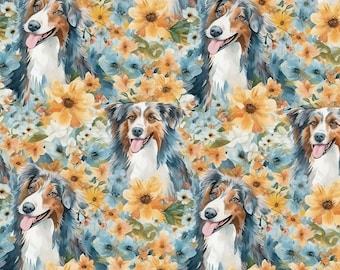 Stof Australische herder, stof hond en bloem, 100% katoen, verkocht op 1/2 meter (ononderbroken snede)