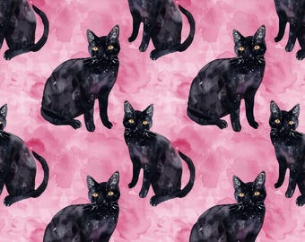 Black Cat Watercolor Fabric, Kitten Fabric, 100% Cotton Fabric, Sold By The 1/2 Yard (Continuous Cut)