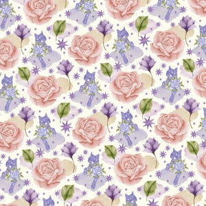 Rose and Cat Fabric, 100% Cotton Fabric, Sold By The Half Yard Yard (Continuous Cut)