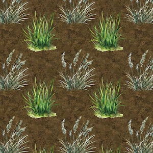 Könnte beinhalten: Ein nahtloses Muster mit Aquarellillustrationen verschiedener Gräser. Das Design umfasst Büschel aus leuchtend grünem Gras und zartem, federleichtem weißem Gras vor einem strukturierten braunen Hintergrund, wodurch eine natürliche, erdige Ästhetik entsteht.