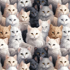 Fluffy Longhair Cat Fabric, Gray Cream Persian Cat Print, 100% Cotton Fabric, Sold By The 1/2 Yard (Continuous Cut)