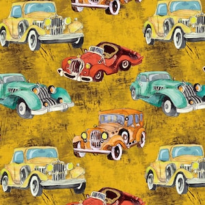 Könnte beinhalten: Ein nahtloses Muster mit Oldtimern in verschiedenen Farben, darunter Gelb, Grün, Rot und Orange, auf gelbem Hintergrund. Die Autos sind im Aquarell-Stil gezeichnet und haben einen verspielten, Retro-Look.