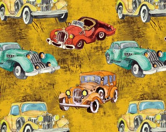 Vintage Car Fabric, Watercolor Vintage Automobile Fabric, 100% Cotton Fabric, Sold By The 1/2 Yard (Continuous Cut)