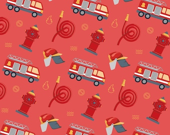 May include: A seamless pattern featuring red fire trucks, fire hydrants, fire helmets, and fire hoses on a red background. The pattern is perfect for a firefighter themed project.