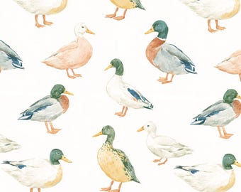 Stof met aquarelprint van een wilde eend, groene eendenstof, 100% katoen, verkocht per halve meter (doorlopend stuk).