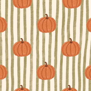 May include: A seamless pattern featuring orange pumpkins with brown stems arranged in a repeating grid. The background consists of vertical, textured olive green stripes alternating with a solid cream-coloured space between each pumpkin.