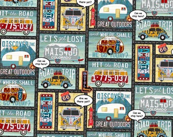 Retro Road Trip Camping Fabric, 100% Cotton, Sold By The 1/2 Yard (Continuous Cut)