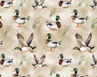 Tela con estampado de pato ánade real, tela con estampado de pato verde, 100% algodón, se vende por medio metro (corte continuo).