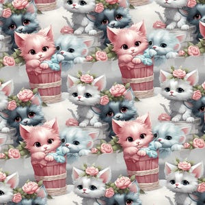 Floral Kitten Fabric, Basket Kitten Fabric, 100% Cotton Fabric, Sold By The Half Yard Yard (Continuous Cut)
