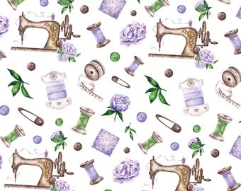 Vintage Sewing Fabric, Sewing Tools Fabric, 100% Cotton Fabric, Sold By The 1/2 Yard (Continuous Cut)